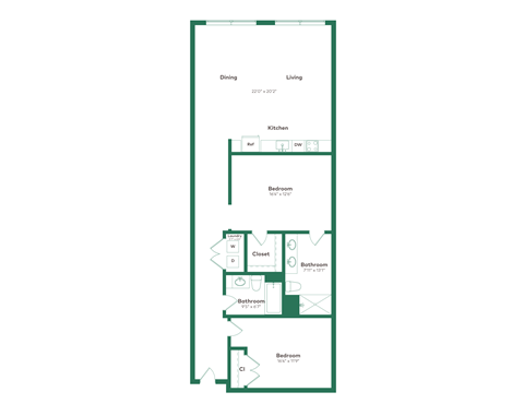 Floor plan for 2 beds, 2 baths, 1323 sqft